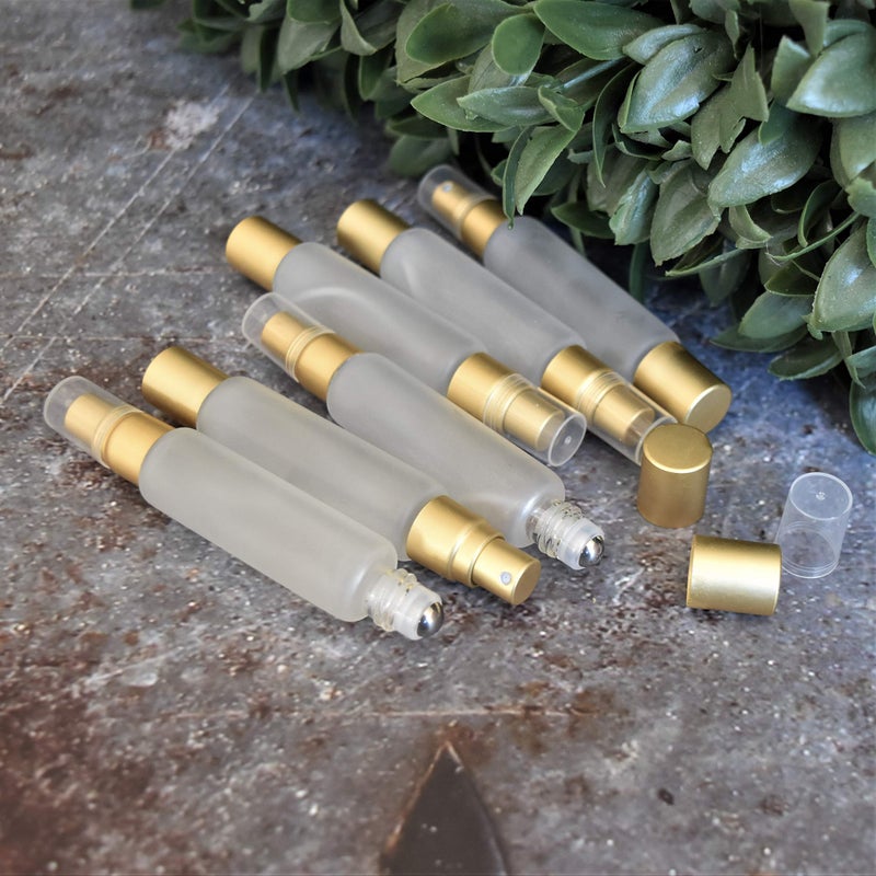 holistic oils 6-Pack Frosted Clear Glass Bottles with Dual Ends â€“ Sprayer & Roller Tops â€“ Leakproof, Quality Essential Oil & Perfume Bottles with Elegant Gold Accents â€“ Refillable Custom Blend Containers - Image 5